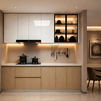 Ensemble d'îlots de cuisine modulaires en bois blanc brillant de luxe avec LED intégrées et évier pour appartement moderne