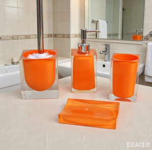 Set di Accessori per Bagno con Doppio Strato Trasparente, Esterno <span class=keywords><strong>Arancione</strong></span>, Interno Trasparente: Porta Scopino, Dispenser Sapone, Bicchiere, Porta Sapone - Product Image 3