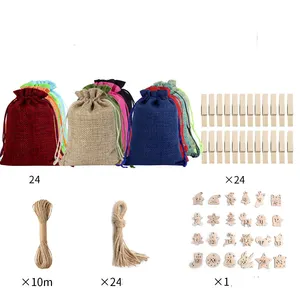 Christmas Decorations 24 Days Hanging Countdown Advent Calendar Drawstring Pouches Jute Burlap Candy Gift Bags Sacks Wooden Clip