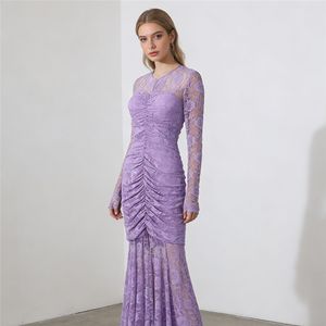 Nuevo <span class=keywords><strong>vestido</strong></span> de noche francés para mujer 2026, con cuello redondo, manga larga, plisado, entallado y adelgazante, de color liso. - Product Image 2