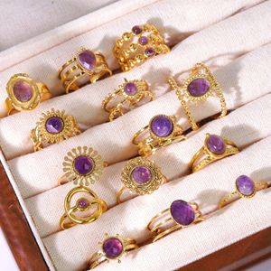Anillos de acero inoxidable, joyería para mujer, chapado en oro de 18K, resistente al agua, sin deslustre, abierto, ajustable, piedra Natural, anillo de amatista curativo - Product Image 4