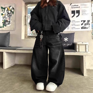 Jeans Harem en denim noir délavé à imprimé rétro américain pour hommes et femmes, nouveau printemps, pantalon ample amincissant à jambes larges - Product Image 2