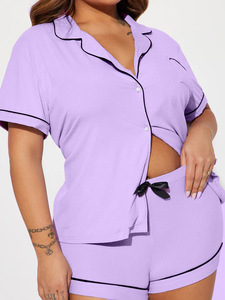 Conjunto de Pijama de Mujer con Cuello Acanalado, Manga Corta, Botones, Ropa de Dormir de Dos Piezas para Verano - Product Image 6