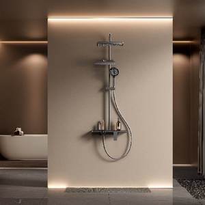 Minimalist Matte <b>Black</b> Wall Mount <b>Shower</b> Set with Rainfall <b>Head</b> and Slide Bar 37.6in Brass Faucet Bathroom Fixture - Product Image 4