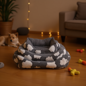 Set Tre Pezzi in Velluto Jacquard e Velluto Artico per Cuccia Quadrata per Animali Domestici, Colore Grigio - Product Image 2