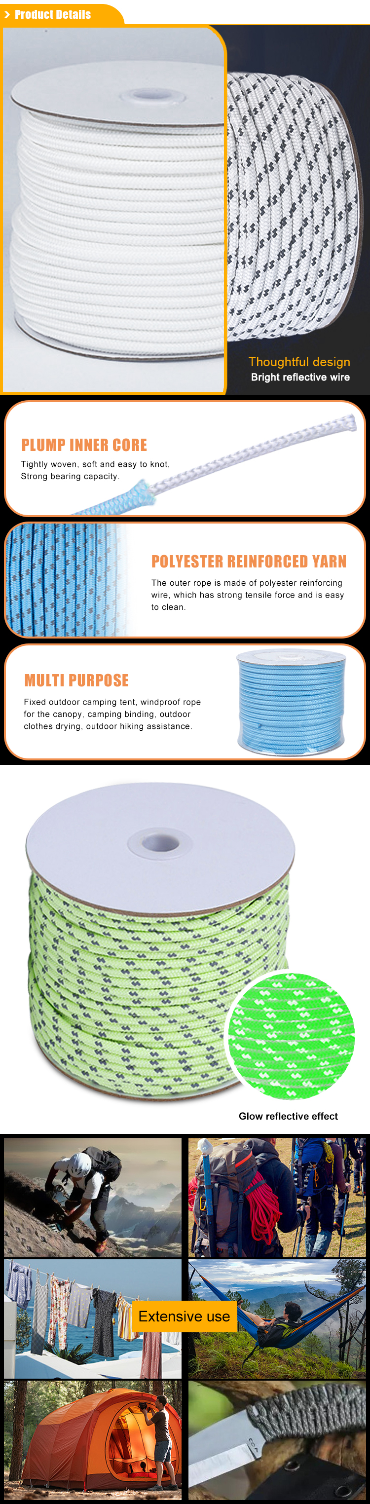 Baiyuheng Outdoor reflective pet pull climbing rope luminous ropes with reflective dots