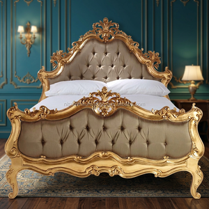 <b>Antique</b> Luxury Carved Wood <b>Bed</b> Gold Leaf Jepara Indonesia Furniture Victorian Solid Mahogany Upholstered Fabric Bedroom Use - Product Image 2