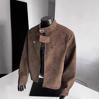 Blouson motard vintage en daim délavé à col montant et fermeture éclair pour homme, style moto gris foncé vieilli