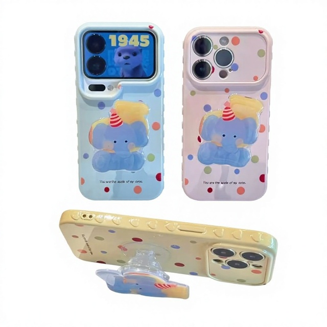 For 17 Pro Max Cartoon Polka Dot Little Elephant Stand Premium TPU Shockproof Mobile Phone Case