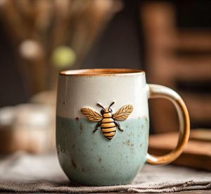 Taza de Cerámica con Diseño de Abejita Realista, Adornada con Perlas, con Tapa, Cuchara y Asa, Reutilizable, de Color Claro, Estilo Chino, para Té, Latte o Café - Product Image 3
