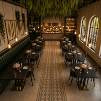 Ensemble de salle à manger de restaurant avec base en bois courbé, table à plateau en marbre et banquette en cuir vert capitonnée, personnalisable OEM