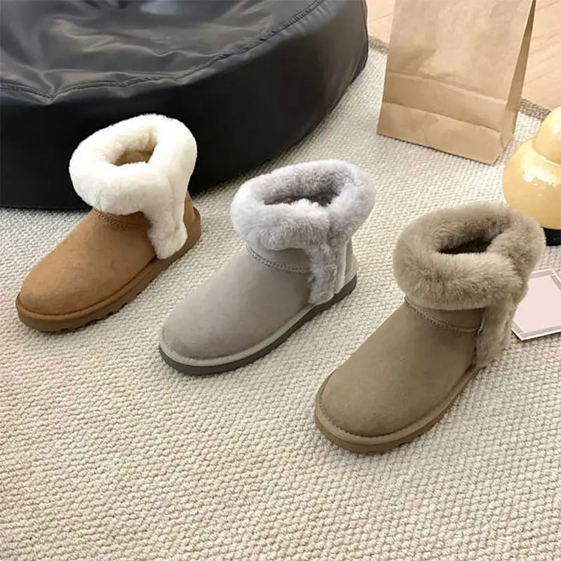 Botas clásicas de piel de oveja de piel de media pantorrilla forradas cálidas para la nieve de invierno, botines cálidos y cómodos para exteriores, zapatos para mujer