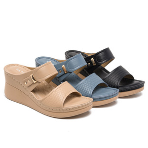Women Genuine Leather Wedge <b>Sandals</b> Open Toe Mid Heel Breathable Platform Summer Shoes Buckle Closure Drop Shipping - Product Image 3