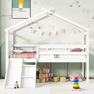 White Twin Low Loft House <strong>Bed</strong> <strong>with</strong> <strong>Slide</strong>, Ladder &amp; Safety Guardrails Kids Playhouse <strong>Bed</strong> <strong>with</strong> Roof Frame - Product Image 3