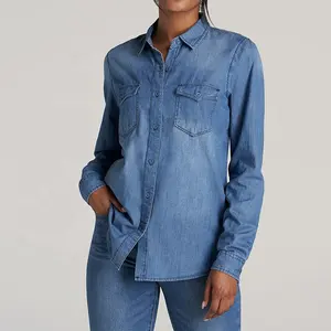 Factory oem high quality customized women's denim long sleeve shirt cotton shirt casual solid color denim top