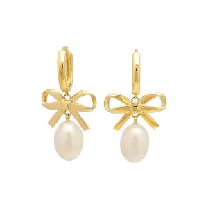 Lovely 14k Solid Gold Bow Earrings with Freshwater Pearl Elegant Fine Jewelry Hoop Design for Women Gift