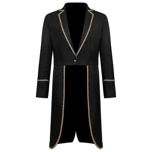 2023 Halloween Men's Medieval Retro Tuxedo Slim Coat Gilt-Rimmed Mid-Long Punk Tutu Style Cosplay Stage Performance Party Wear