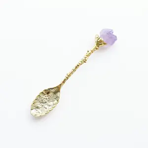 Crystal Crafts Wholesale Reiki Gemstone Gold Spoon Amethyst Head Spoon