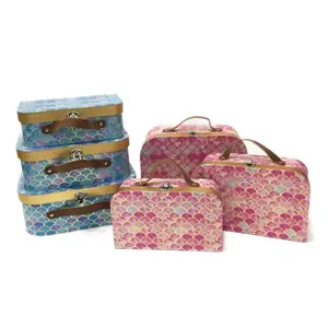 现货鱼鳞图案烫金手提箱三件套宝盒豪华纸板儿童纸质手提箱包装礼品盒