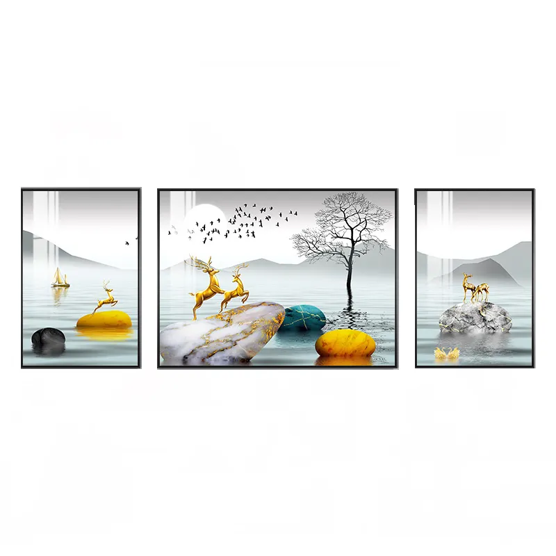 Top Rated Gold Tree Deer Nordic Style Crystal Porcelain Living Room Painting Landscape Wall Art Frame Canvas Scenery Paintings