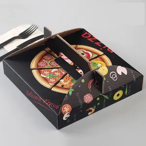 Hộp Bao Bì Màu Đen In Logo Tùy Chỉnh Hộp Bánh Pizza Bằng Bìa Cứng Di Động Có Tay Cầm