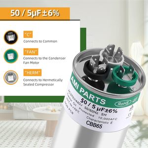 Condensador de Doble Función CBB65, Ahorro de Energía, Cobre, 50, 5 Mfd, 370, 440 V, Redondo, 10 A, para Sistemas HVAC - Product Image 4