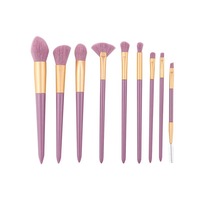 Set Kuas Makeup Ungu 10 Buah dengan Ferrule Emas dan Tas Kulit Pink untuk Perlengkapan Kosmetik Wajah & Mata