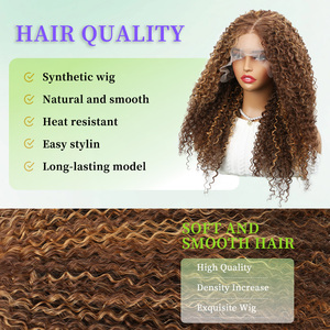Perruque Goddess Bouncy Curl pour femmes noires, 22 pouces, couleur 13*6, perruque synthétique à dentelle frontale haute densité, bouclée Jerry avec mèches - Product Image 3