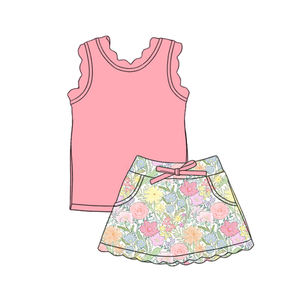 GSSO3773 Ensemble d'été personnalisé pour petite fille, rose uni avec imprimé fleurs, tenue d'été pour enfants, vente en gros, ensemble short et manches courtes pour fille - Product Image 2