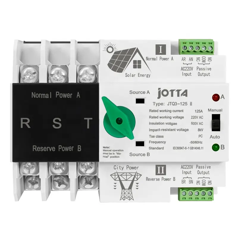 JOTTA مرحلة واحدة Din السكك الحديدية ATS الطاقة المزدوجة التلقائي نقل مفاتيح تحديد الكهربائية لنظام الطاقة الشمسية الكهروضوئية