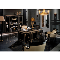 Étagère à livres française design classique de luxe, table et chaise de bureau en bois noir