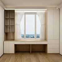 Bureau d'angle moderne sur mesure avec baie vitrée et armoire de rangement intégrée pour salon, chambre ou bureau, avec étagère de rangement