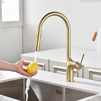 Robinet de cuisine en or brossé avec double mode, bec haut, monocommande, cartouche céramique sans plomb, pour usage hôtelier