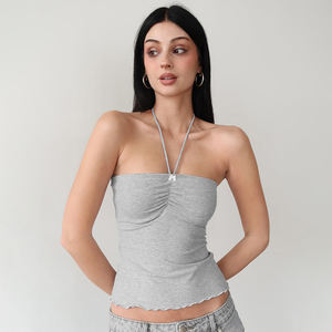 Top corto fruncido con cuello halter para mujer, camisola ajustada con dobladillo festoneado para atuendos Y2K y de verano - Product Image 6