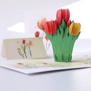 Mother's Day Creative 3D Greeting Card Tulip Handmade Paper Carving Making Blessing Message Birthday Small Card Wholesale