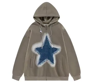 American style vintage men street zip up hoodie pure cotton hoodie with five-pointed star