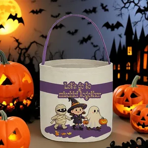 Sac fourre-tout en toile à motif de dessin animé Ghost Trick or Treat, réutilisable, portable, pour bonbons et collations d'Halloween, pour la décoration des fêtes - Product Image 6