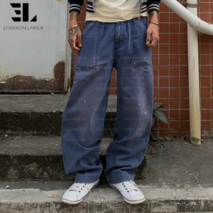 LARSUR Custom Factory Sun Faded Duck Canvas Chore French Blue Utility Fatigue Work Pants Straight Tactical French Work <strong>Trousers</strong> - Product Image 3