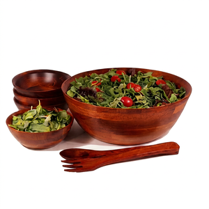 Ensemble élégant de saladiers en bois avec cuillère et fourchette de service, vaisselle ronde durable et lavable au lave-vaisselle pour un usage quotidien - Product Image 1