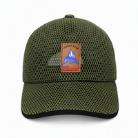 Casquette de baseball en maille personnalisée avec patch brodé montagne, vert olive, respirante, pour randonnée en extérieur, style trucker, fermeture snapback, vente en gros