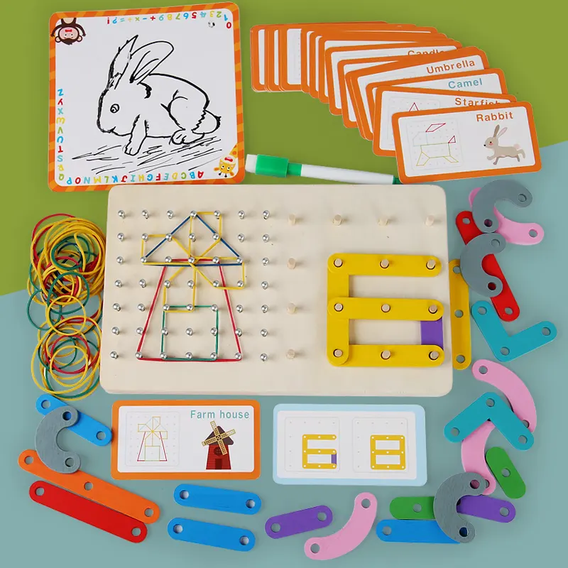 그림 만들기 패턴 카드와 고무 밴드와 나무 지오 보드 몬테소리 교육 장난감 두뇌 티저 어린이 장난감