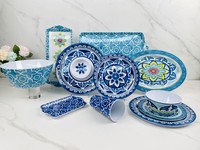 Ensemble de plateaux rectangulaires en mélamine en plastique bleu Assiette de buffet durable Plateaux incassables au design nordique pour servir en fête