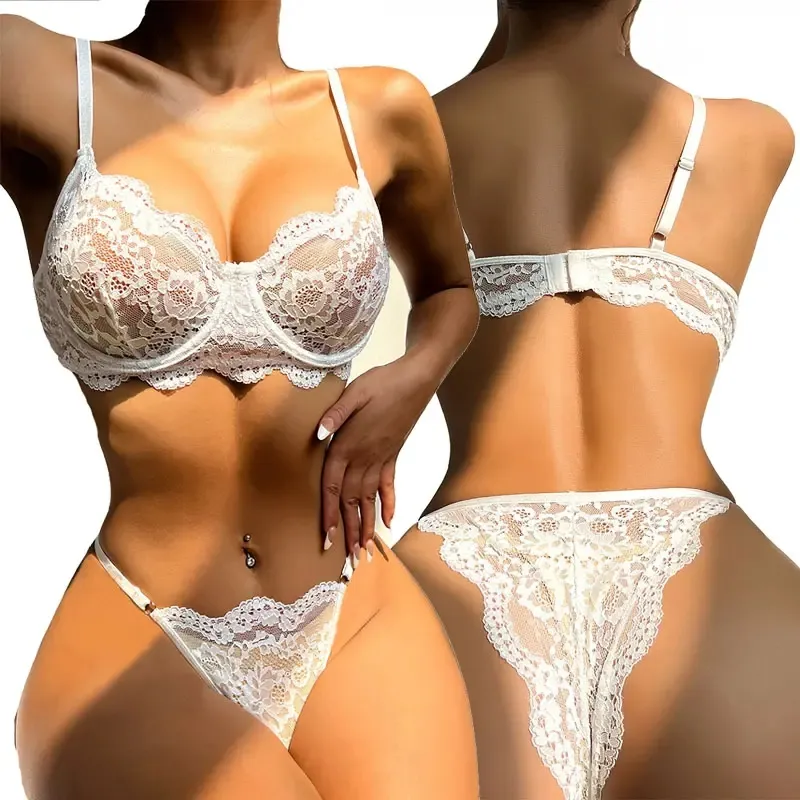 I-0145 Women's Underwear Lace Hollow Backless Bra Sets Teddy Erotic Costume Deep V Open Bra Bow Women Lingerie Set