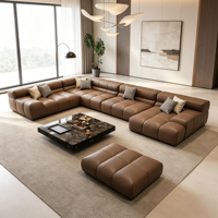 Ensemble de canapé sectionnel en forme de L avec ottoman, tissu marron, design moderne, structure en bois, canapé-lit pour salon
