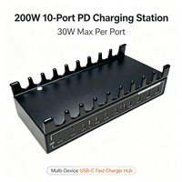 Boîtier en alliage d'aluminium, station de charge USB-C PD PPS 200W à 10 ports avec support pour téléphone, chargeur rapide PD 30W 45W