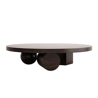 Table basse en bois d'ingénierie de qualité supérieure, à plateau rond, en bois foncé, avec support créatif en forme de boule et de bloc