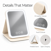 Étui cosmétique portable en cuir avec miroir pliant, support lumineux, 3 modes de lumière colorée, fonction mémoire, miroir de bureau à gradation progressive