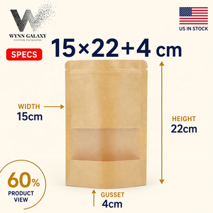 Bolsa de pie Eco Kraft con ventana transparente y cierre resellable, 15*22*4cm (6*8.7*1.6in), para café, té, frutos secos, aperitivos y alimentos, OEM personalizado, en stock en EE. UU. - Product Image 2