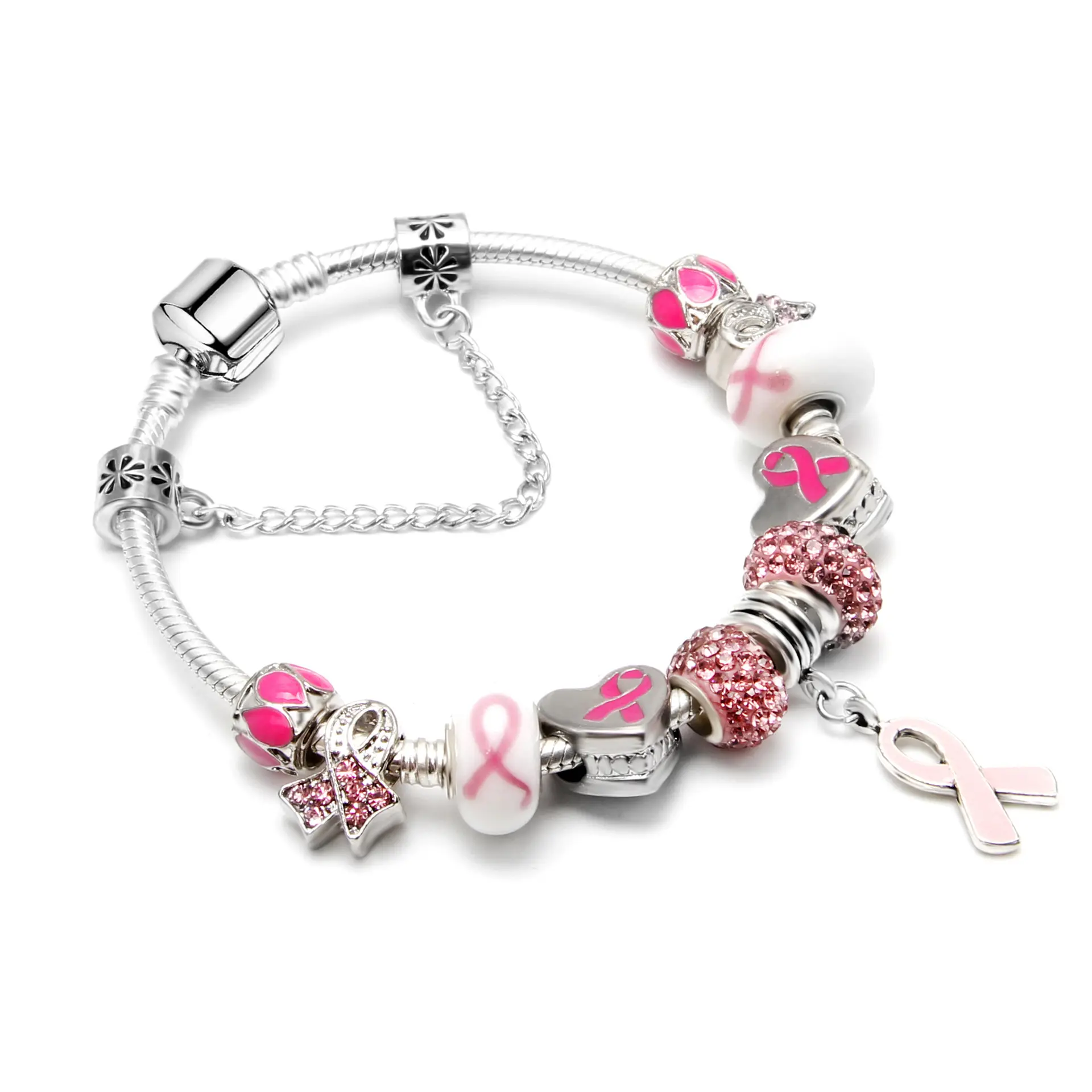 New Arrival Big Hole Bead Pink Ribbon Brest Breast Cancer Awareness Snake Chain Survivor Souvenir Gift Charm Bracelet for Women