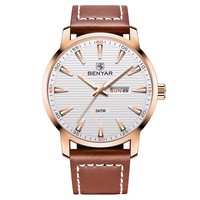 Benyar 5145 3ATM Wasserdichte Multifunktions-Chronograph Quarz-Armbanduhr mit schwarzem Lederarmband für Herren